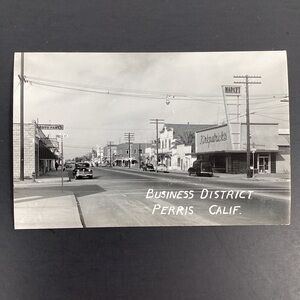 RPPC Business District Perris California Black & White Postcard Downtown 1940s